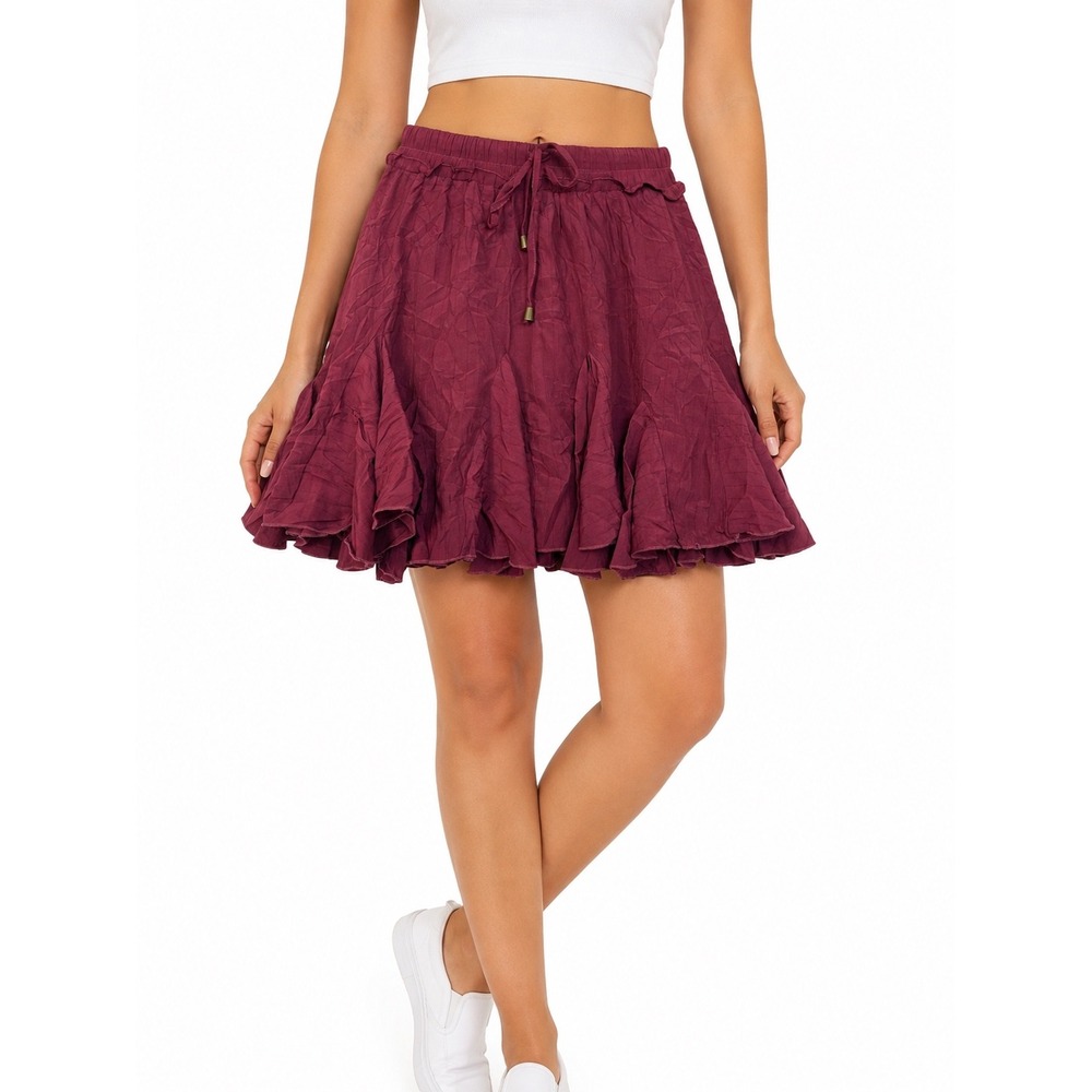 Entro Burgundy Textured Ruffle Mini Skirt with Built-in Shorts S13401 Wine L